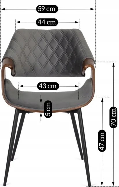 Krzesło Tapicerowane z Drewna Giętego do Salonu DAKOTA Szare/Orzech Welurowe Nowoczesne Loft