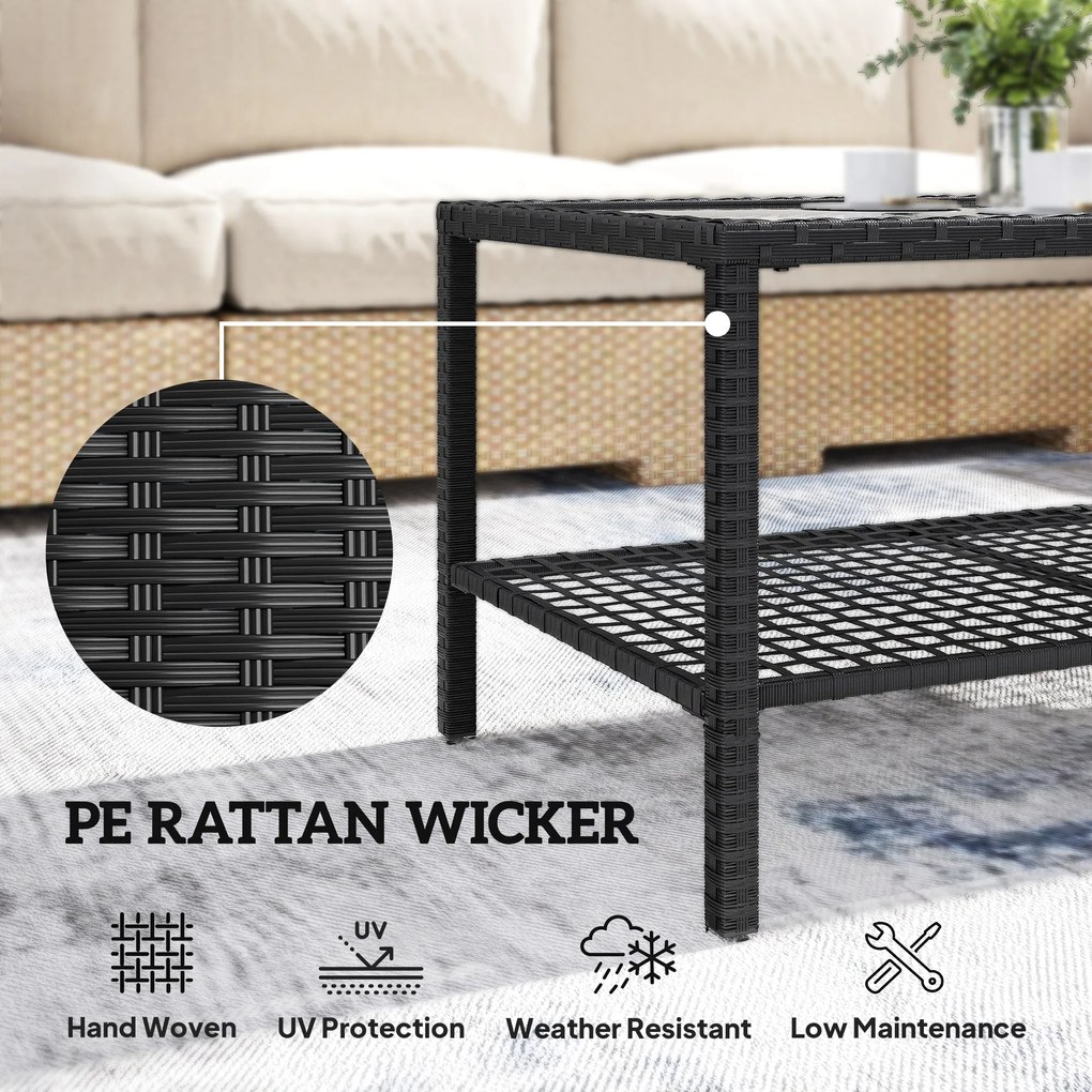 Outsunny Rattanowy stolik kawowy, dwupoziomowy stolik z półką, hartowany blat szklany i stalowa rama, czarny | Aosom PL