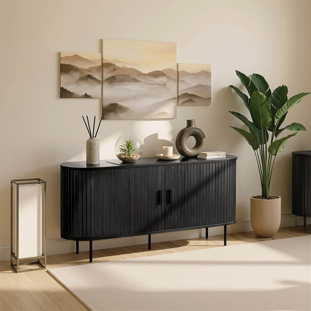 Komoda do Salonu Rozsuwana TRISH 140 cm Czarna Dwudrzwiowa Ryflowana Nowoczesna