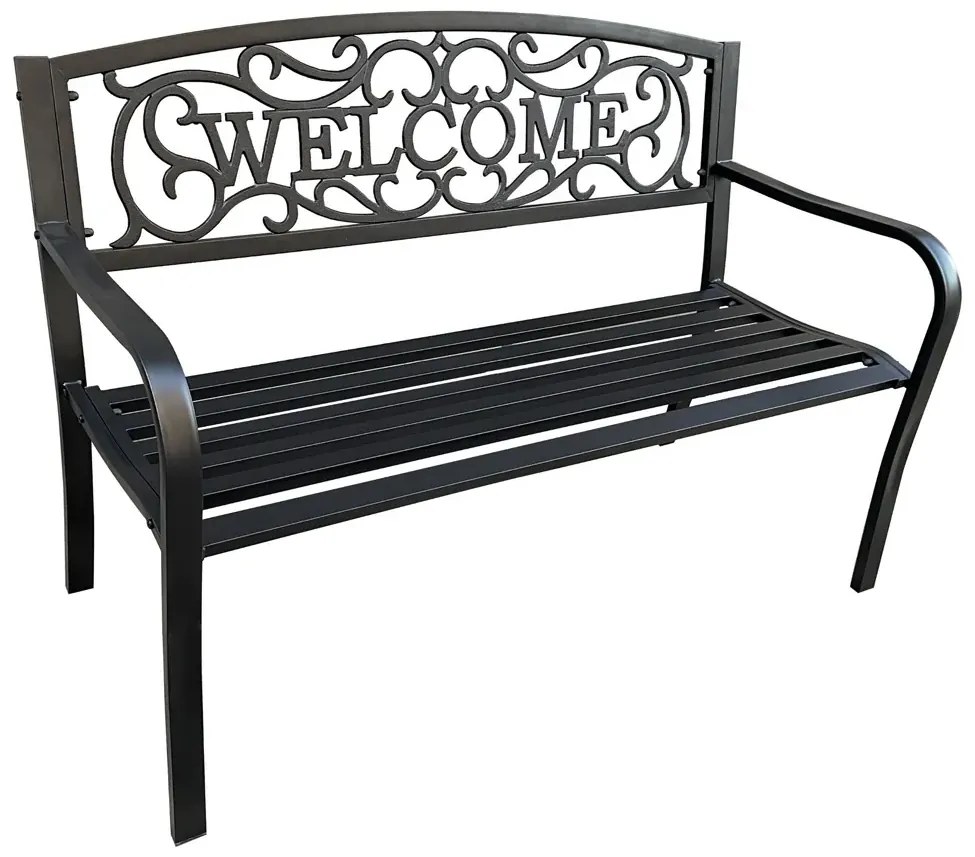 Czarna ławka ogrodowa z napisem na oparciu W3-R91