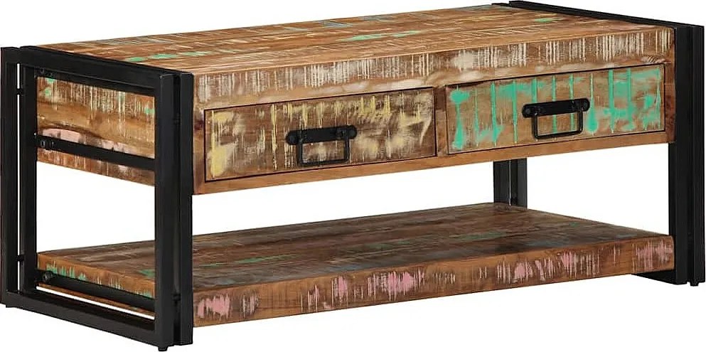 Kolorowa prostokątna ława 90x50x38 cm z litego drewna z recyklingu i metalową ramą w stylu industrialnym