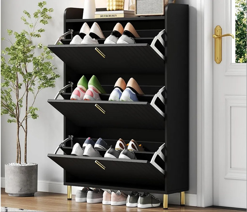 Szafa na buty 80x23,5x123,5 cm - 3 drzwi - 6 przegródek - Wysokość regulowana - MDF - Czarny