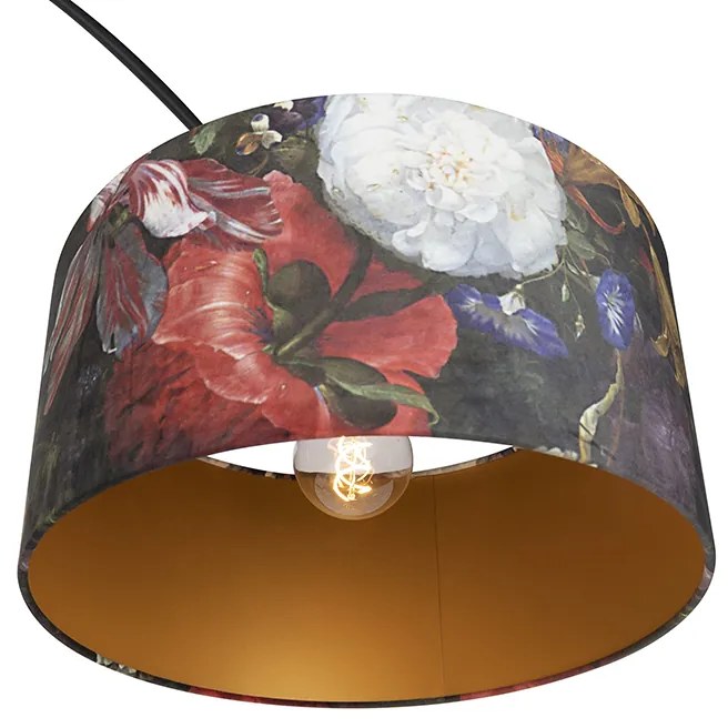 Luk Lampa łukowa czarna z abażurem z aksamitu z kwiatowym wzorem 50 cm - XXL Nowoczesny Oswietlenie wewnetrzne