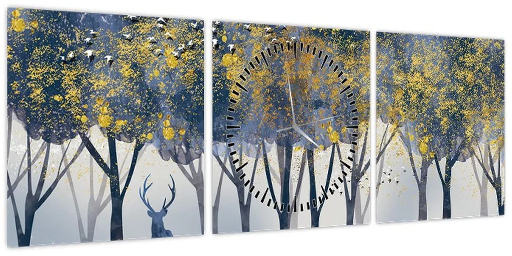 Obraz jelenia w lesie (z zegarem) (90x30 cm)