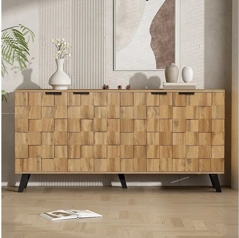Komoda z 4 drzwiami - 160,5 x 35,5 x 78 cm - do salonu, jadalni - Płyta wiórowa - Kolor drewna