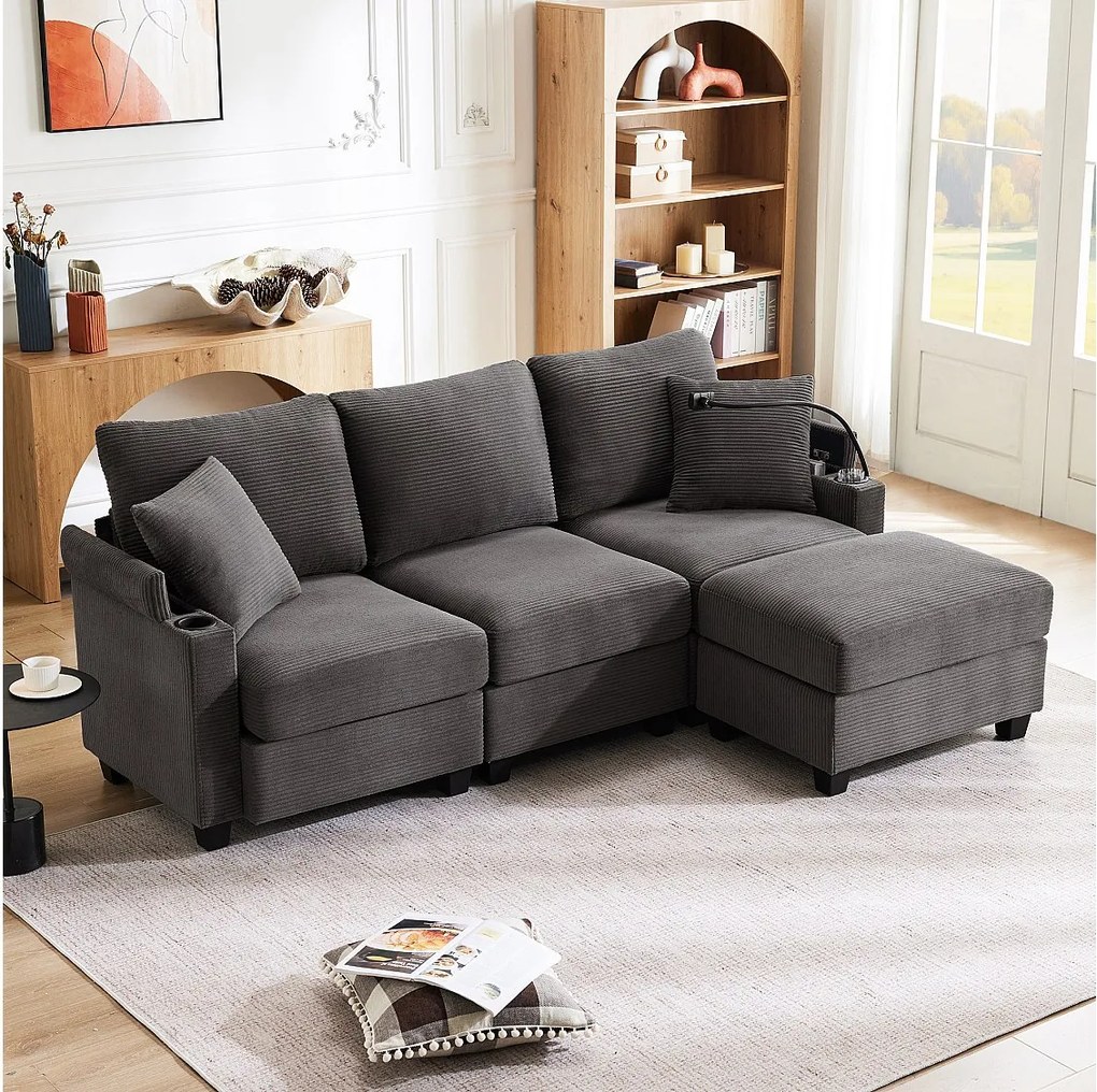 Sofa 3-osobowa z podnóżkiem - 213,5 x 139 x 87 cm - z 2 poduszkami - aksamit - ciemnoszary