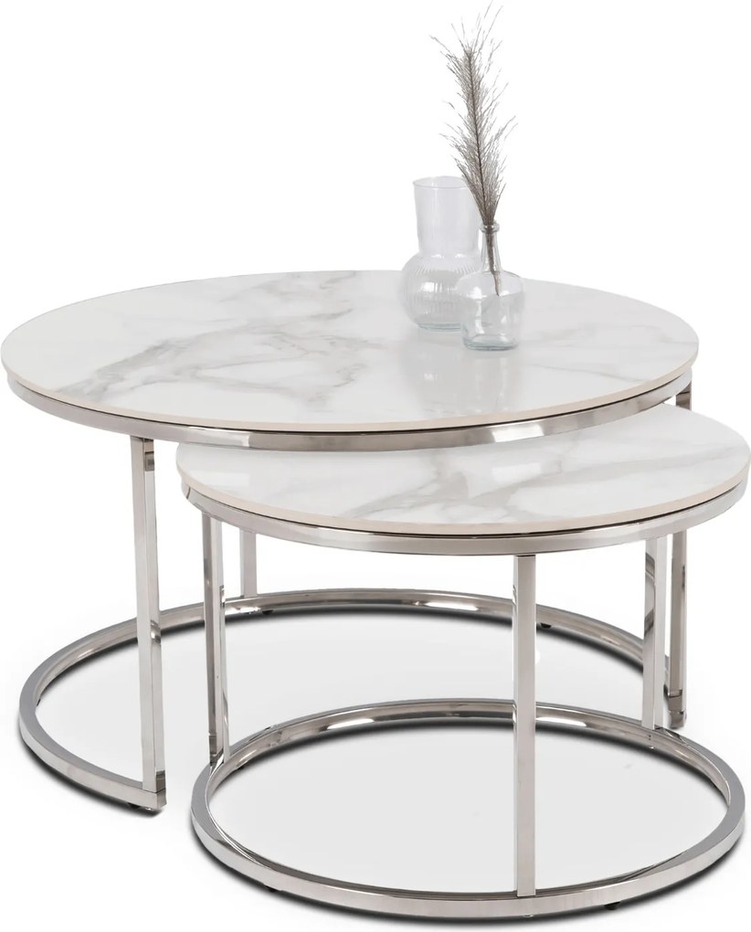 Zestaw Stolików Kawowych AMARA MAX 60 cm/80 cm Biały Marmur/Srebrny Glamour