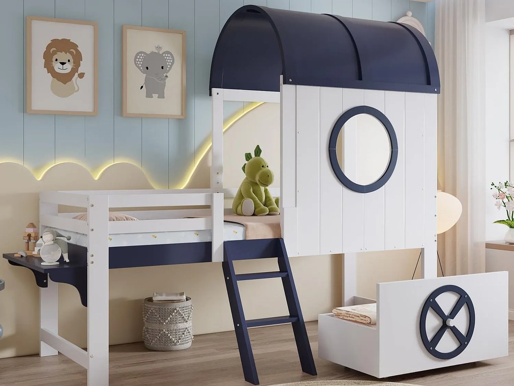 Łóżko piętrowe 90×200 cm - z 1 szufladą - z daszkiem i barierką - drabina 2-stopniowa - lite drewno + MDF - biały + ciemnoniebieski