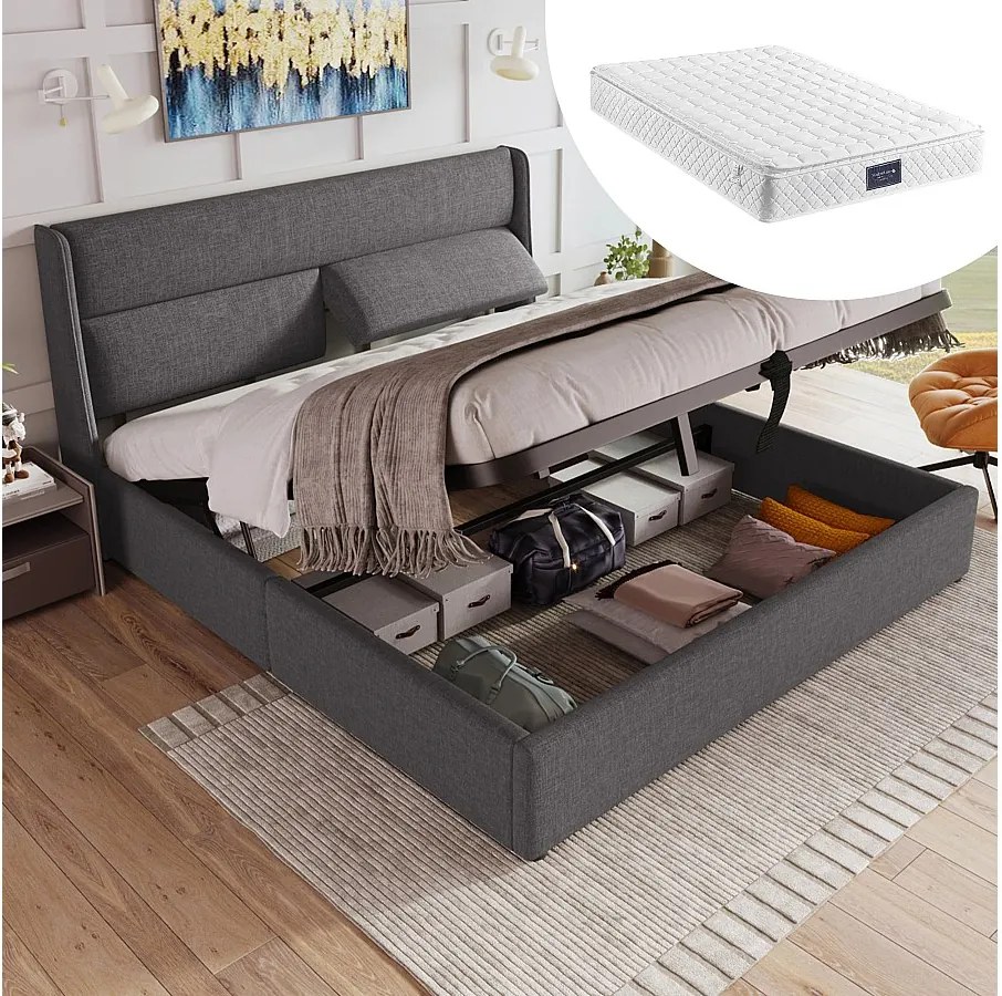 Łóżko tapicerowane dwuosobowe z pojemnikiem - 160 x 200 cm - z regulowanymi zagłówkami - z materacem - len - szare