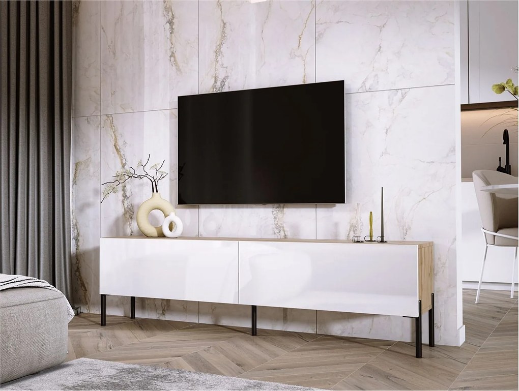 Szafka RTV: Dąb Wotan / Biały Połysk, nogi czarne, 170 x 52 x 32 cm