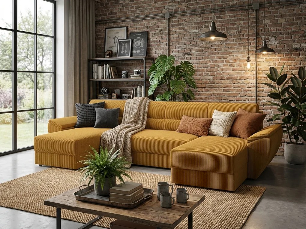 Rozkładana sofa narożna w kształcie U TAVERO 321x140 cm, musztardowa