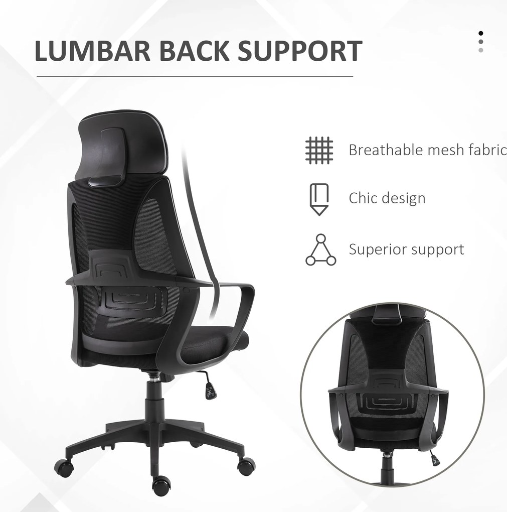 Vinsetto Krzesło Biurowe, Krzesło Biurkowe z Funkcją Bujania, Regulowane z Podparciem Głowy, Wsparciem Lędźwiowym - Czarny