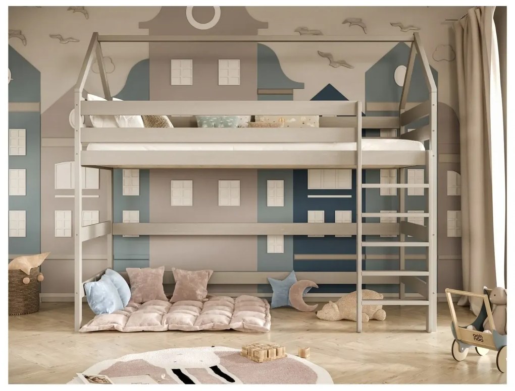 Łóżko domek na antresoli TOBI 2 180x80 szare drewniane KOCOT KIDS