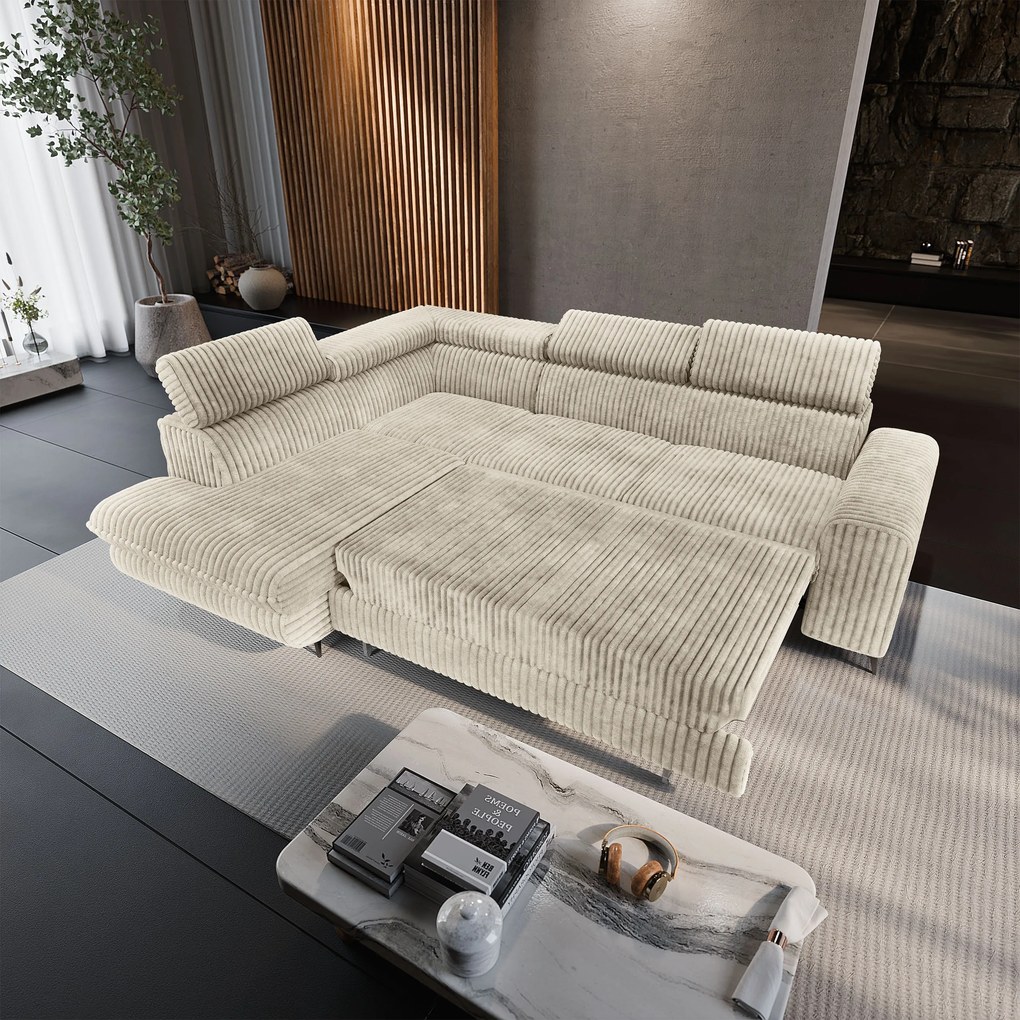 Masseno Narożnik VELISS z funkcją spania i pojemnikiem na pościel Rozkładana sofa do Salonu - Kremowy, TILIA 03