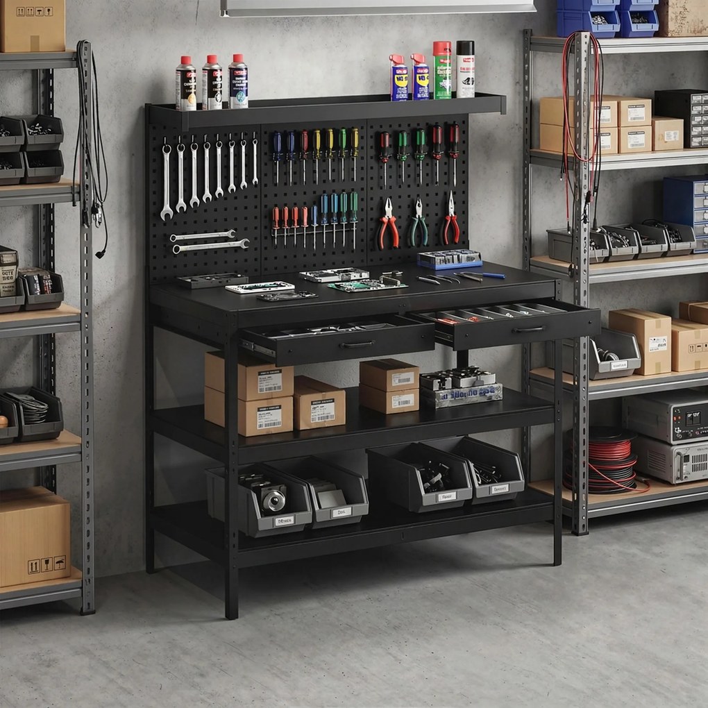HOMCOM Stacja robocza z regulowanymi półkami, solidna stacja robocza z perforowaną płytą i 2 szufladami, 122 x 61 x 156 cm, Czarna | Aosom PL
