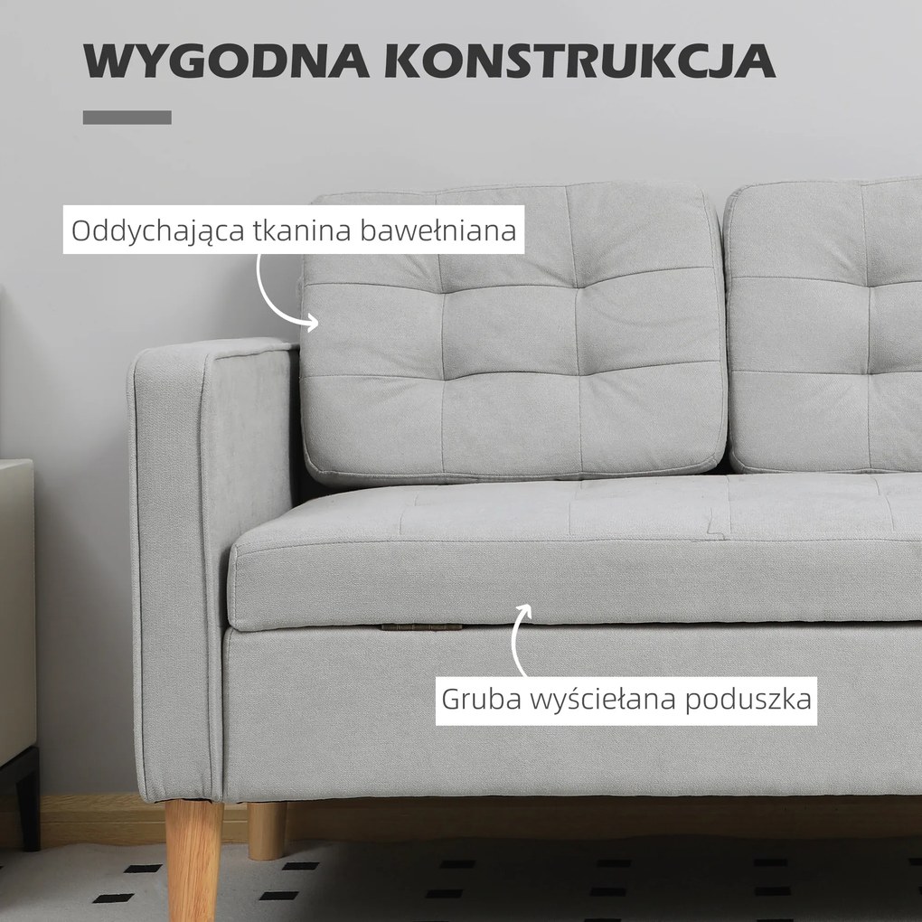 HOMCOM Sofa 2-osobowa z przestrzenią do przechowywania, Pikowana guzikami, Poduszki, Drewno kauczukowe, 117x62x78cm, Jasnoszary