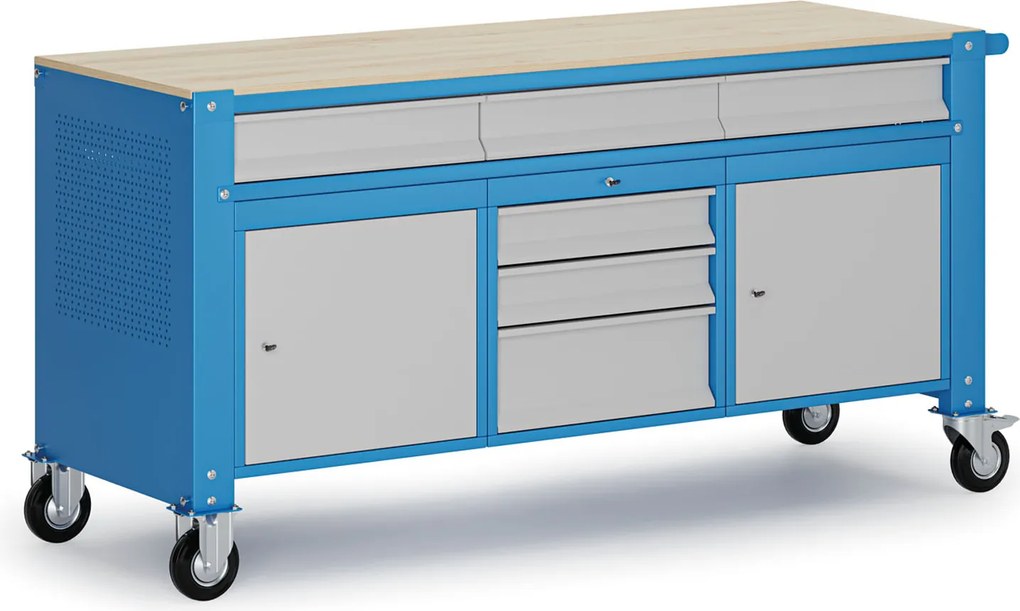 Mobilny stół warsztatowy G9, 2 szafki, 6 szuflad, 1690 x 595 x 865-1130 mm, szary/niebieski