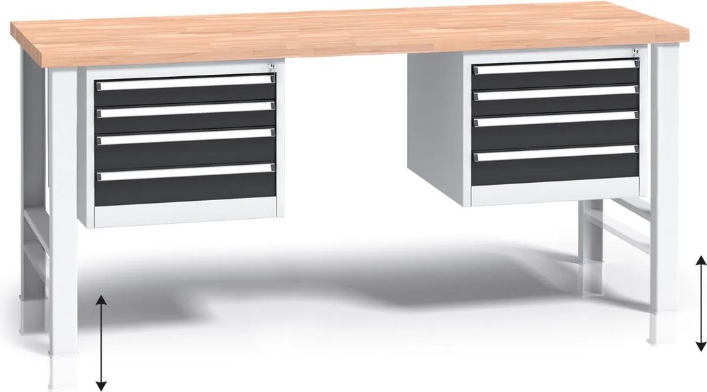 Stół warsztatowy z regulacją wysokości G3, 2000 x 685 x 840-1050 mm, 2x 4 szufladowy kontener, grafitowy