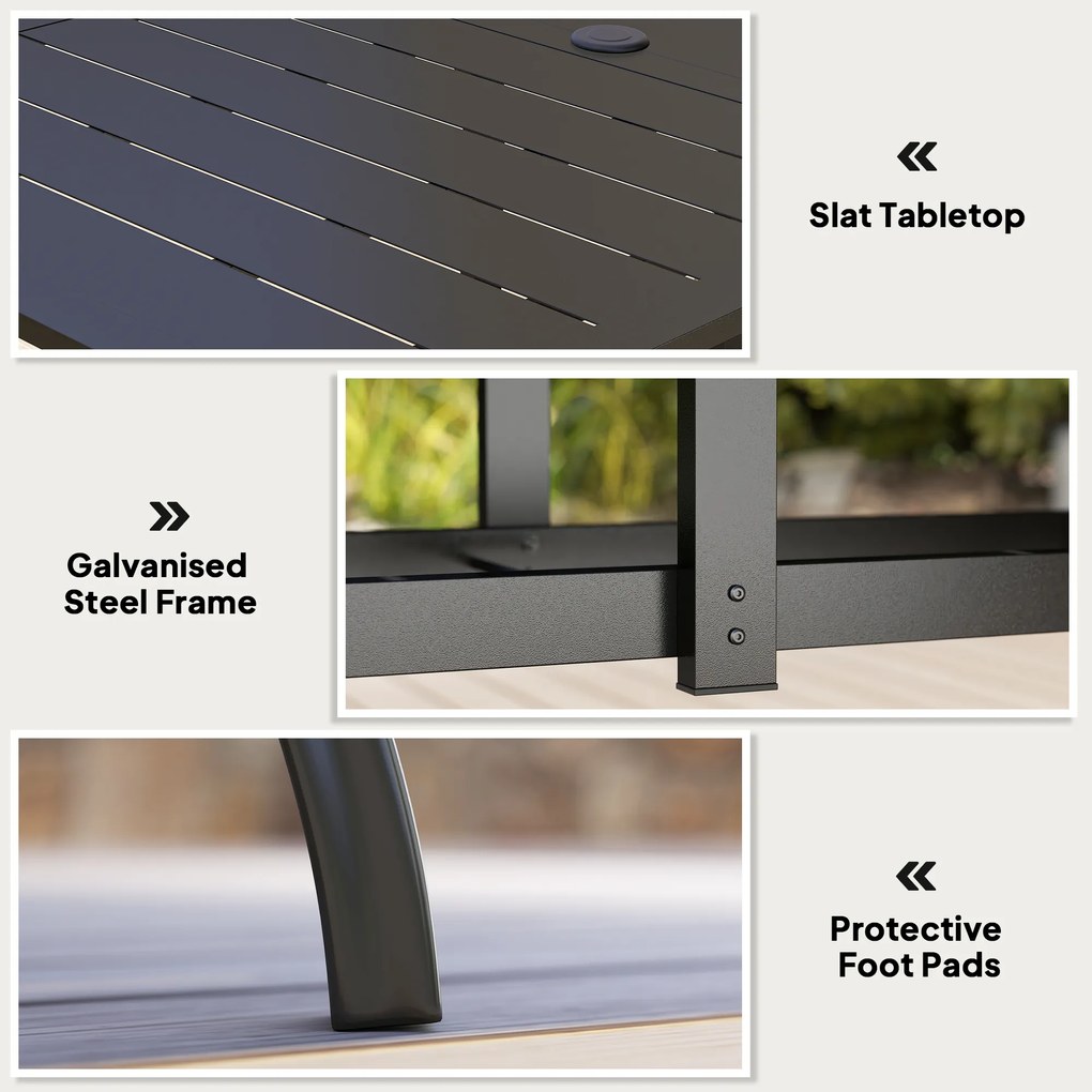 Outsunny Stół ogrodowy ze stali 150x90 cm Odporny na warunki atmosferyczne, z otworem na parasol, dla 6 osób, czarny