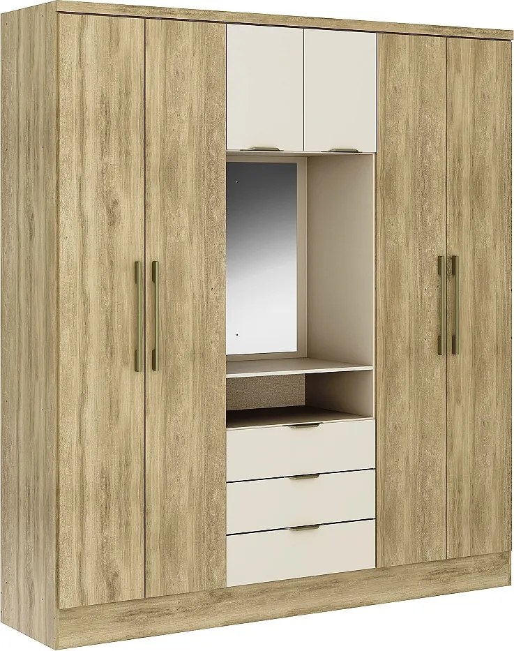Szafa 6 drzwi i 3 szuflady - Z lustrem - szer. 180 cm - Kolory: Naturalny i beżowy - ELORIO