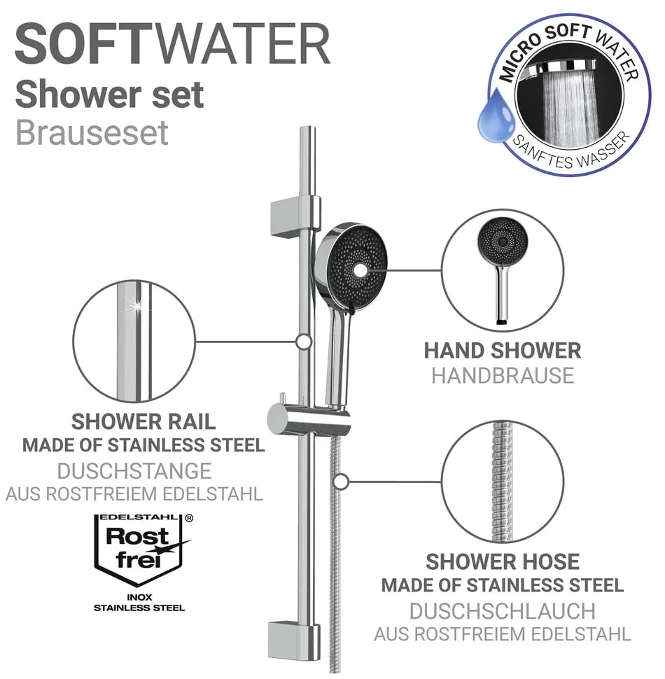 Zestaw prysznicowy ze stali nierdzewnej w kolorze srebra ze słuchawką prysznicową/z drążkiem z suwakiem 70 cm Softwater – Wenko