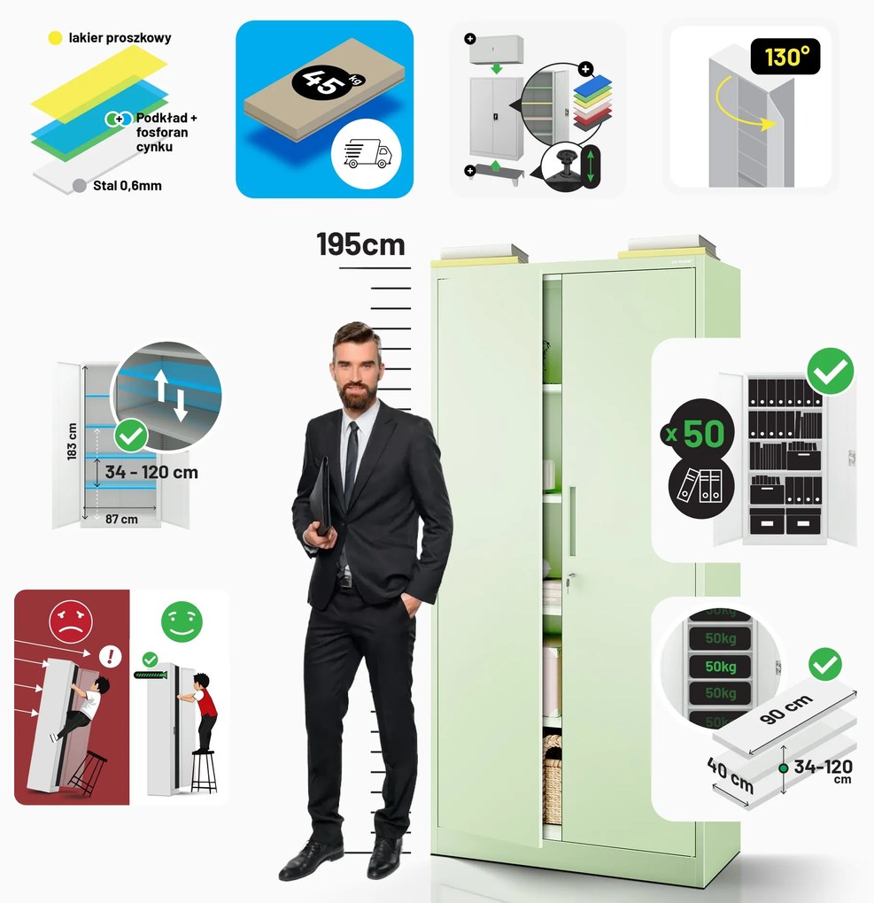 Szafa na dokumenty biurowa metalowa pastelowy zielony : Fresh Style JAN H 900 x 1950 x 400 mm