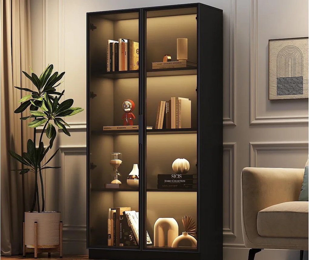 Witryna szklana 80x40x160 cm - z oświetleniem LED - z regulowanymi półkami - z 2 drzwiami - czarna