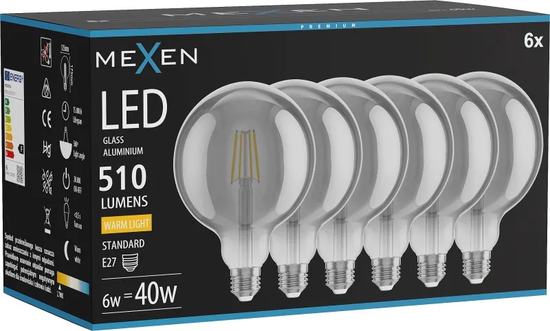 Mexen Vintis 6x żarówka filament LED E27, G125, 6W, Ciepła - 2700K, 510 lm, smoke - L158-E27-0627-70x06