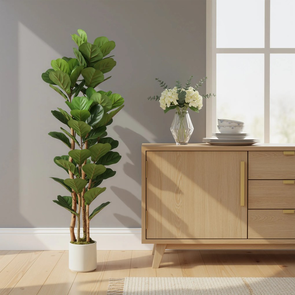 HOMCOM Sztuczny fikus lirolistny sztuczna roślina z 71 liśćmi, masywny drewniany pień, doniczka, 50 x 50 x 150 cm, zielony | Aosom PL