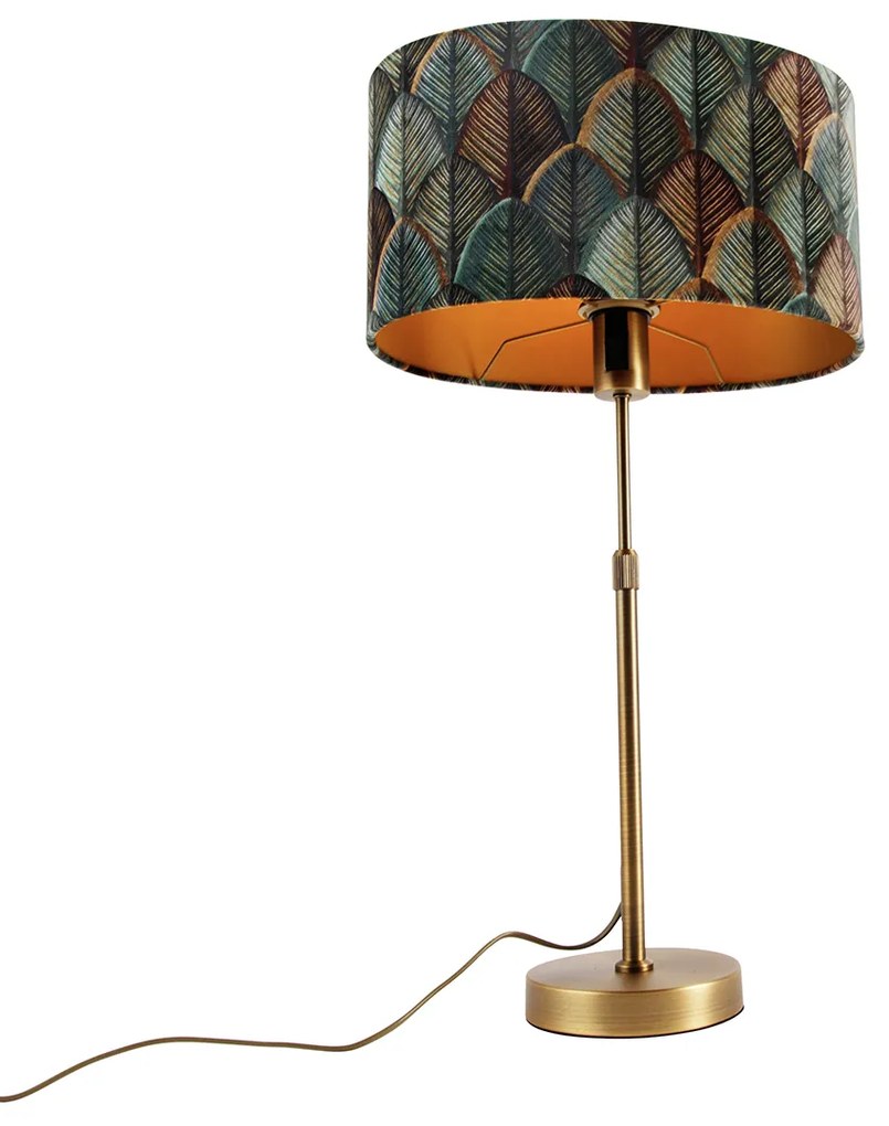 Lampa stołowa brązowa z owalnym aksamitnym abażurem z motywem liści 35 cm - Parte Nowoczesny Oswietlenie wewnetrzne