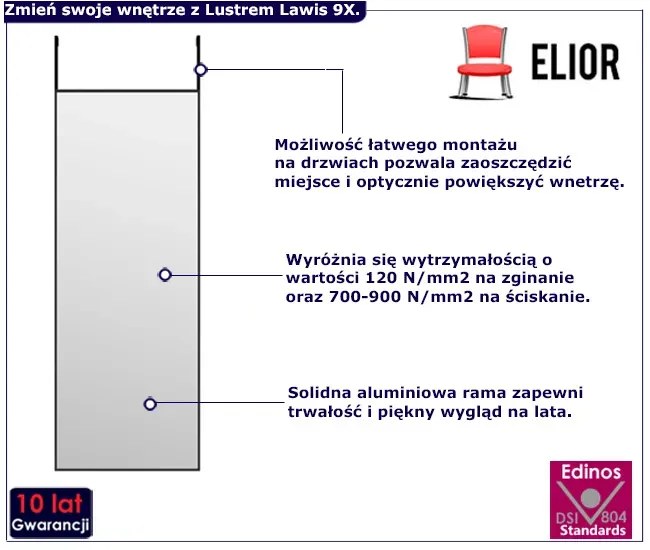 Prostokątne czarne lustro wiszące na drzwi - Lawis 9X