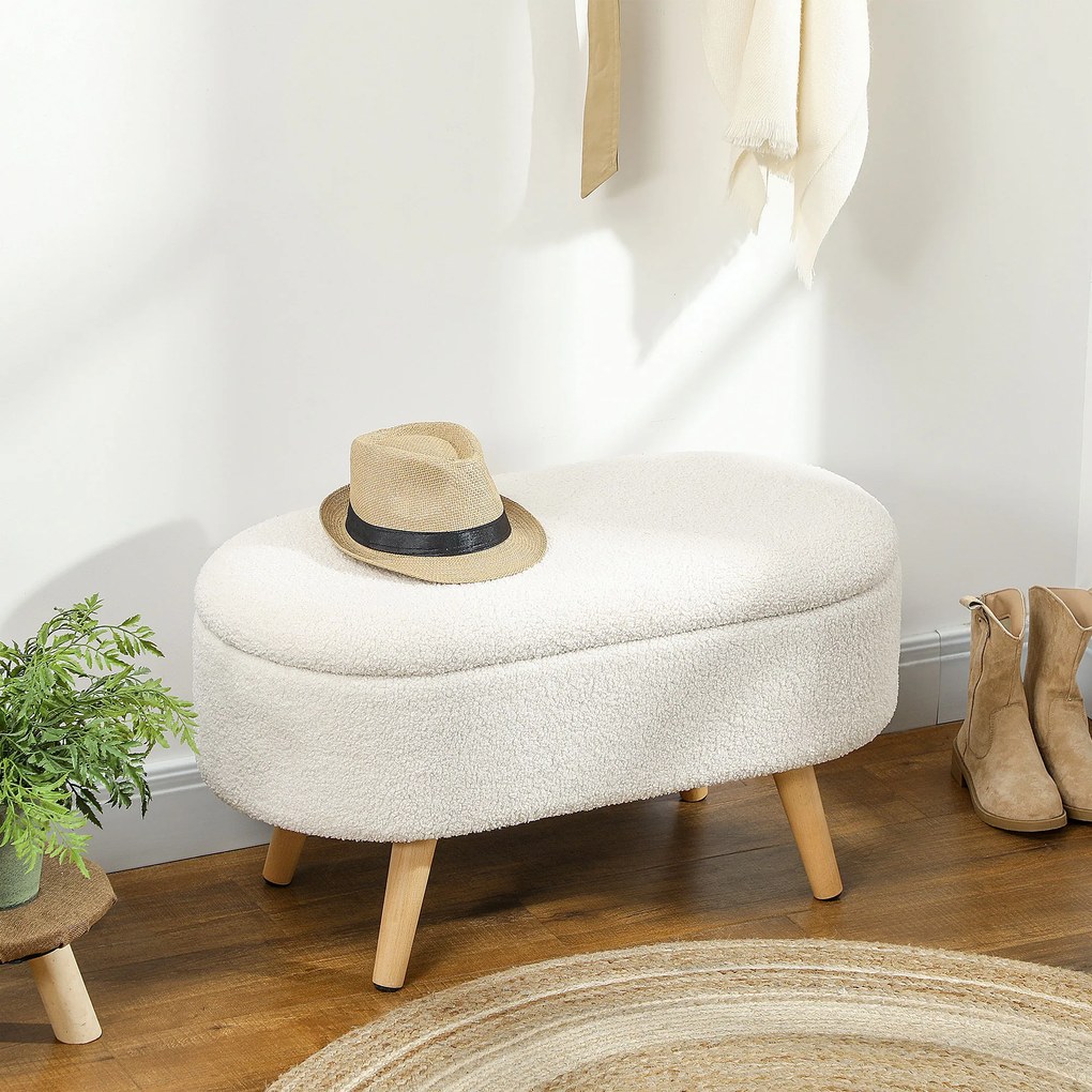 HOMCOM Ławka z Pokrywą i Miejscem na Przechowywanie, Podnóżek do Korytarza, Salonu, Sypialni, Drewno, Obicie z Tkaniny, Biały