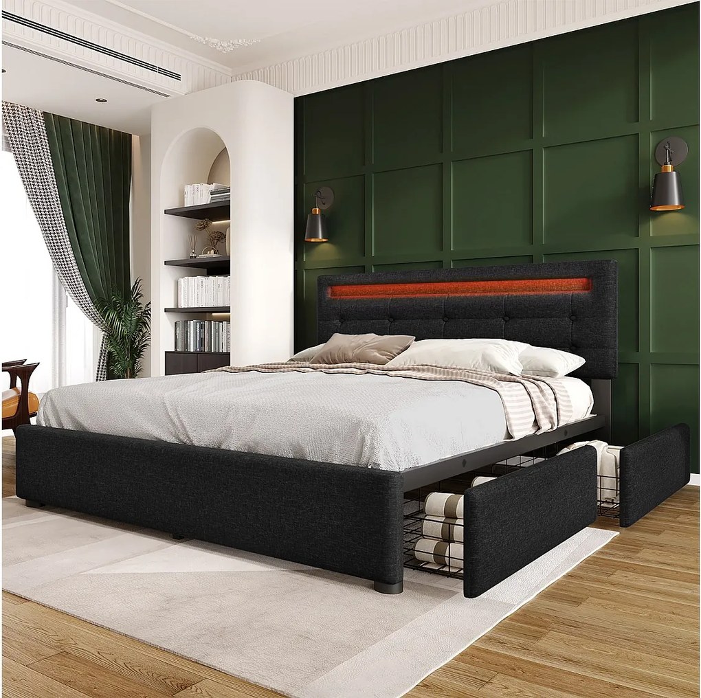 Łóżko 140x200cm z lnu z LED + 2 szuflady + stelaż na listwy - Szary