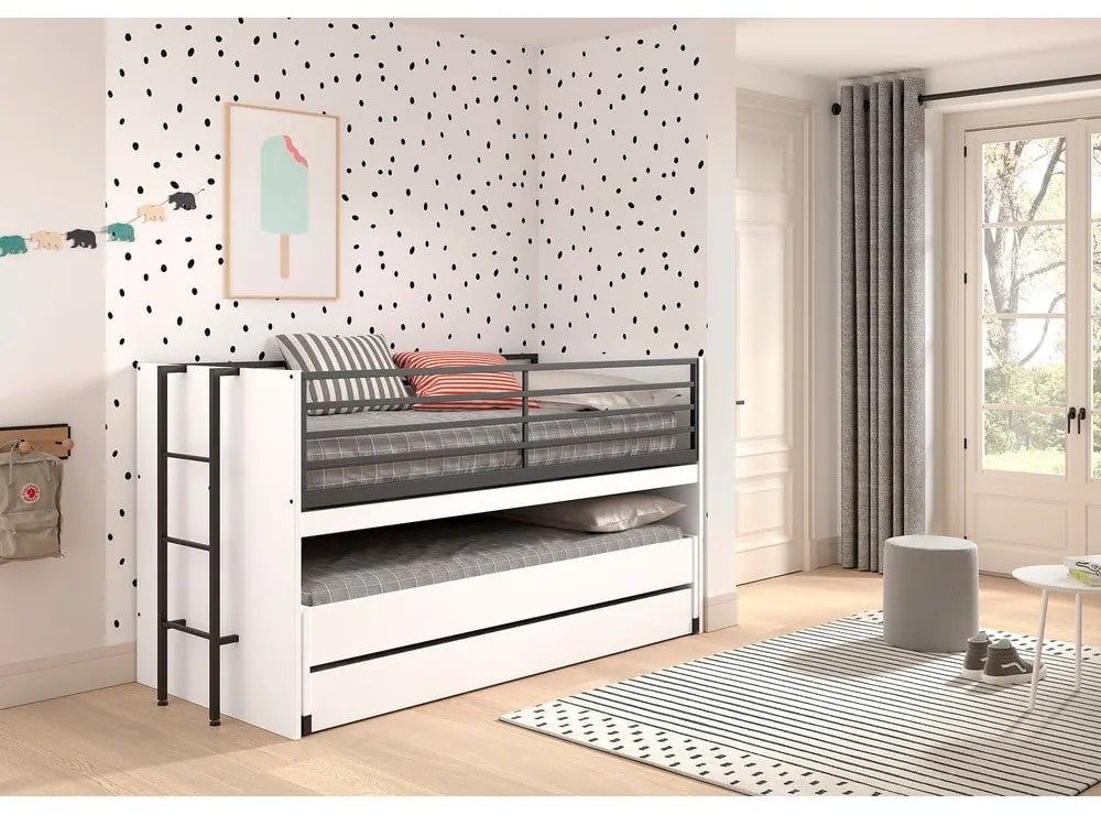 Białe piętrowe łóżko dziecięce z wysuwanym łóżkiem i stelażem 90x200 cm Sam – Vipack