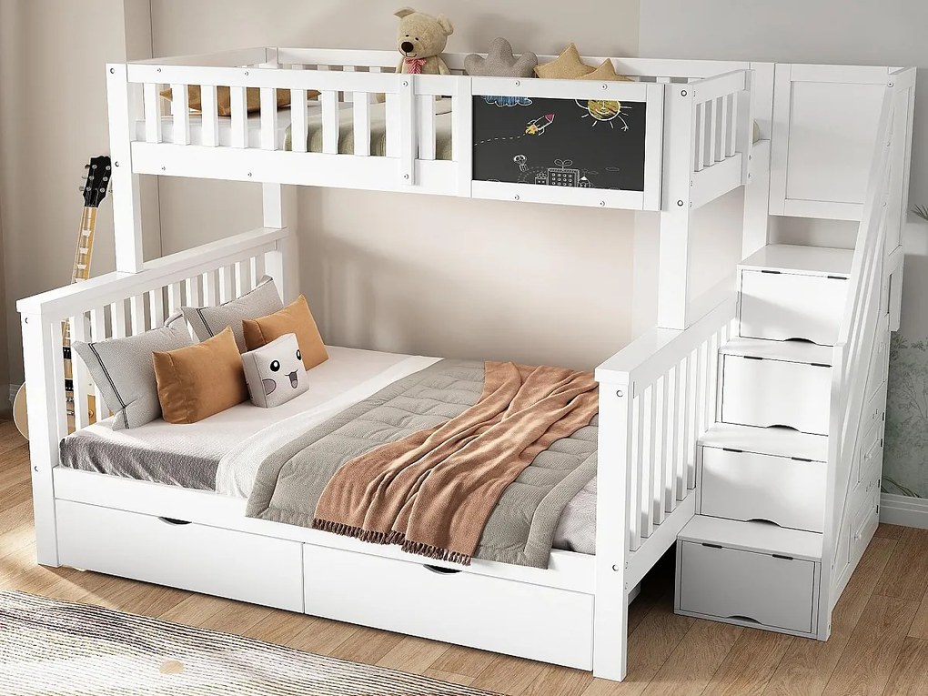 Łóżko piętrowe z litego drewna z szufladami i schodami do przechowywania - 90x200cm + 140x200cm - Białe i naturalne