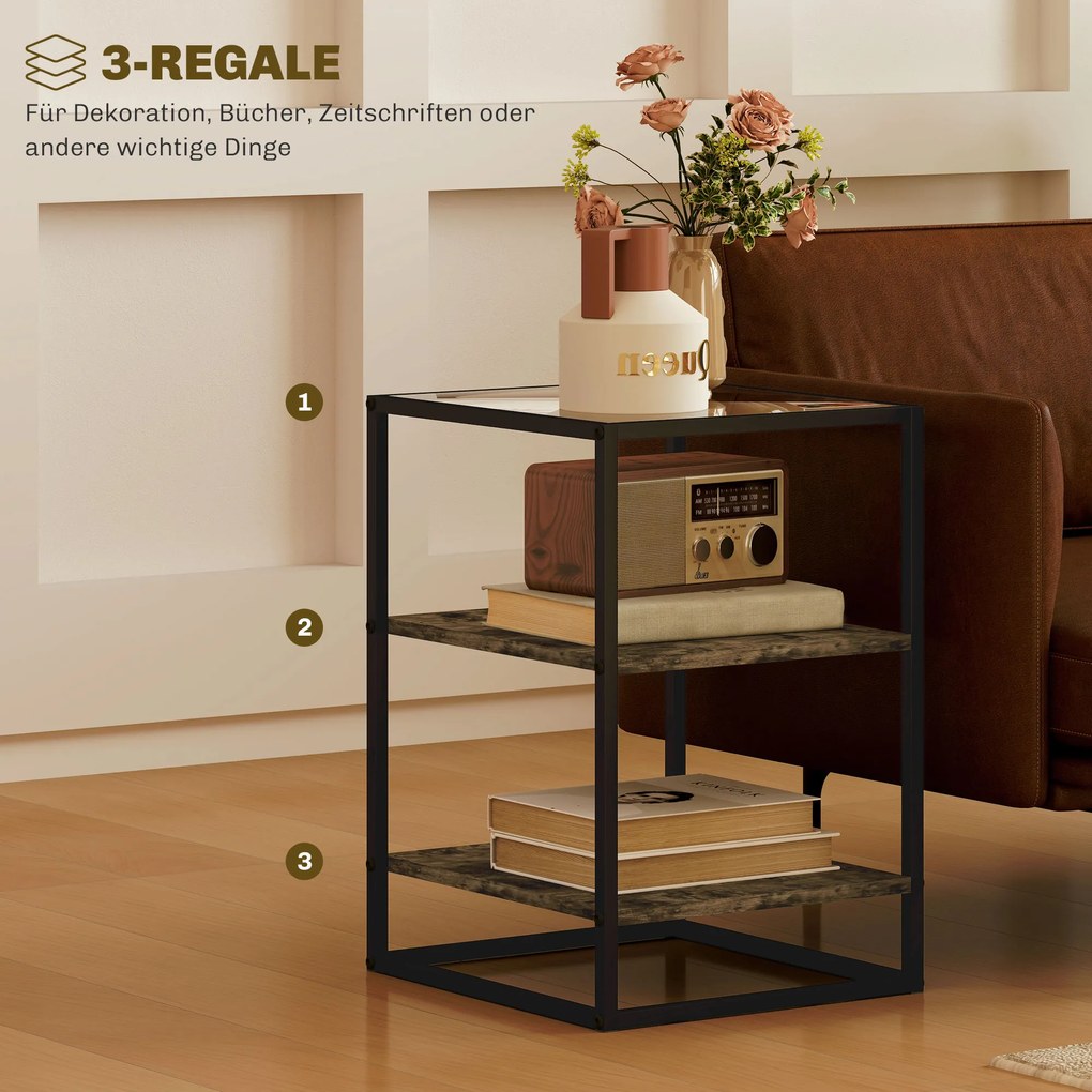 HOMCOM Zestaw 2 Stolików Pomocniczych z Szkła, 3-Poziomy, Metalowa Rama, do Salonu, Sypialni, Brąz
