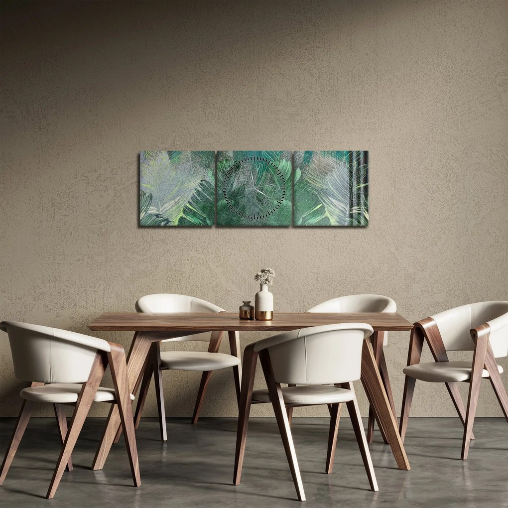 Obraz - Tekstura betonu z liśćmi (z zegarem) (90x30 cm)