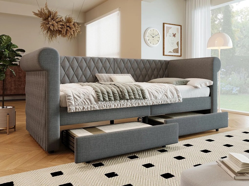 Łóżko z kanapą z 2 szufladami z lnu - 90x200cm - z stelażem na listwy - Szary