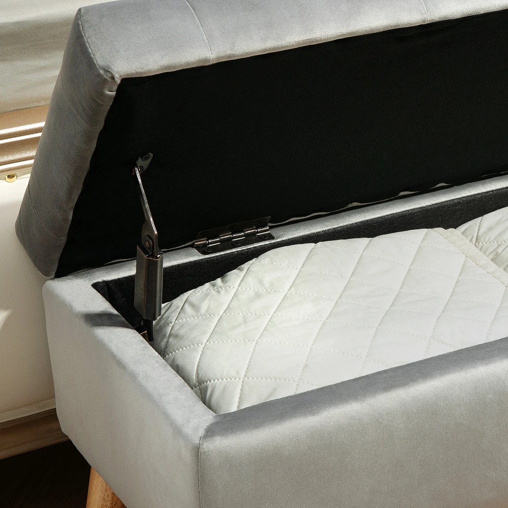 HOMCOM Tapicerowana ławka z miejscem do przechowywania, pokrycie z aksamitu, nogi z drewna, do salonu, sypialni, przedpokoju, 80 x 35 x 40 cm, Szary