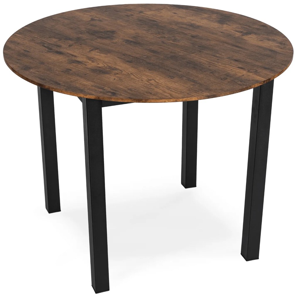 Zestaw Stół Okrągły TEO 100 cm Dąb Rustykalny/Czarny i 4 Krzesła Tapicerowane RICK 2 Czarne Nowoczesne Loft