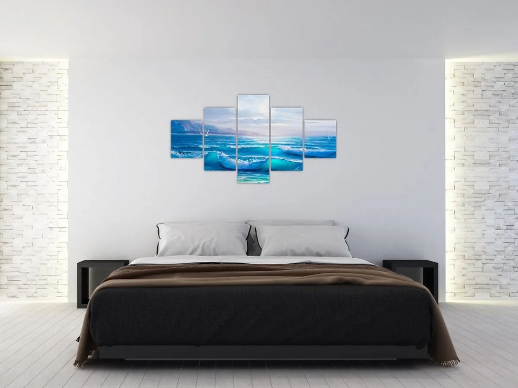 Obraz - Obraz olejny przedstawiający morze z mewami (125x70 cm)