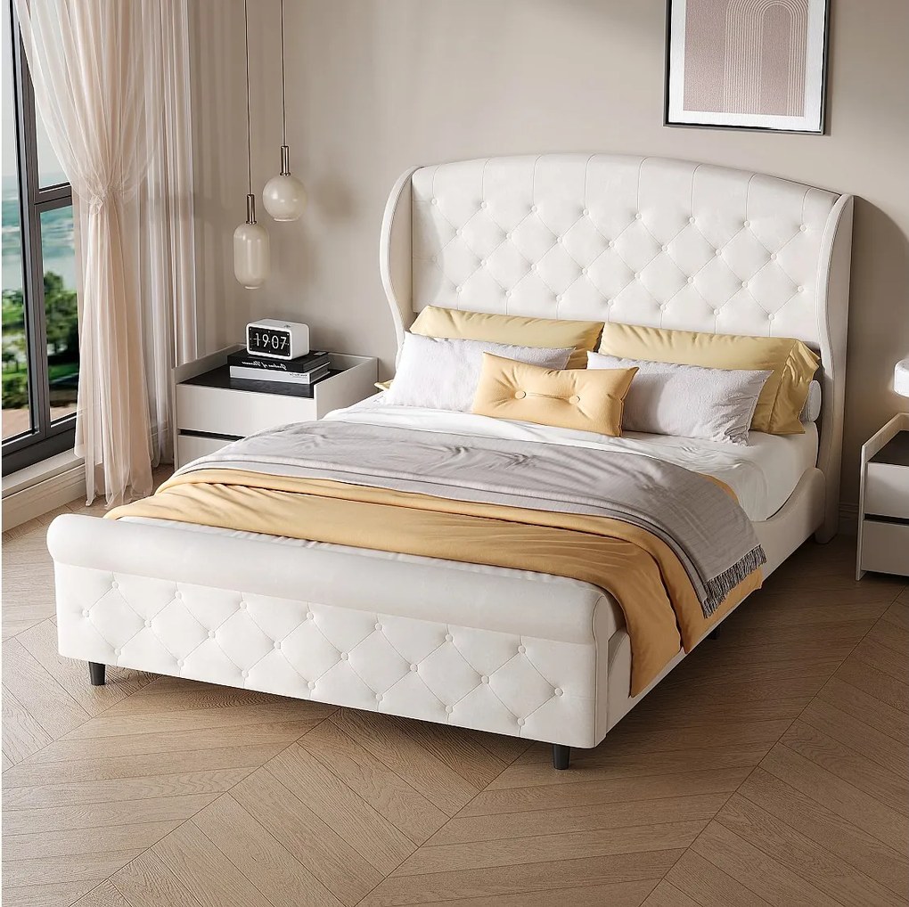 Łóżko saneczkowe 140x200 cm z beżowego aksamitu, pikowany zagłówek z guzikami, klasyczny styl europejski