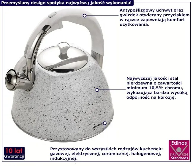 Klasyczny czajnik z gwizdkiem biały marmur 3L A0-G42
