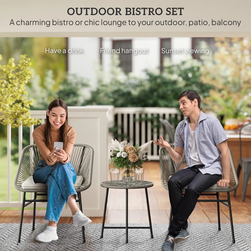 Outsunny 3-częściowy Zestaw Mebli Zewnętrznych, 1 Stolik, 2 Krzesła, Plecionka Rattanowa, Stelaż Stalowy, Stolik Kawowy z Blatem Szklanym, Ciemnoszary