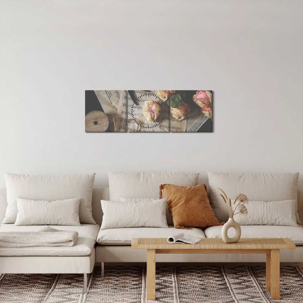 Obraz nut i róż (z zegarem) (90x30 cm)