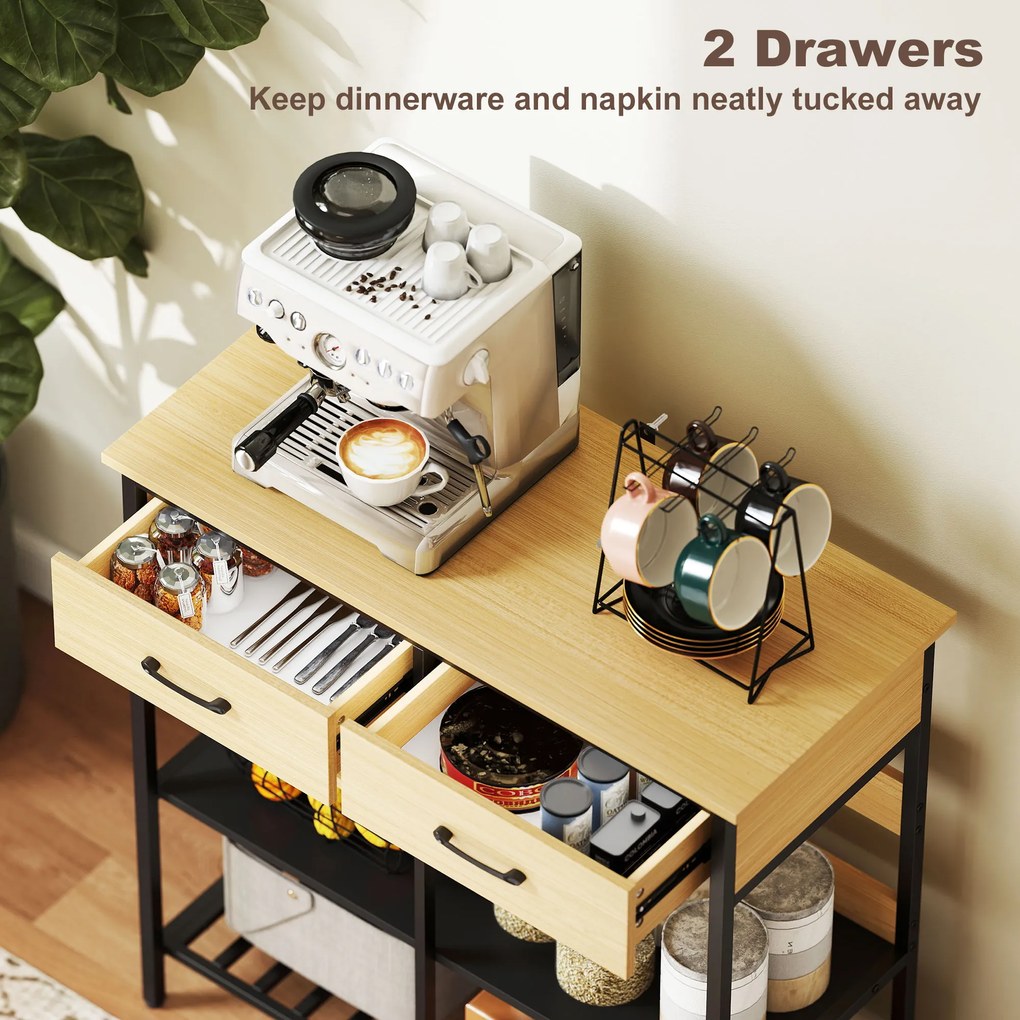 HOMCOM Komoda, komoda z 2 szufladami i 3 otwartymi półkami, szafka kuchenna do kuchni, salonu 90 x 40 x 91 cm, drewno naturalne