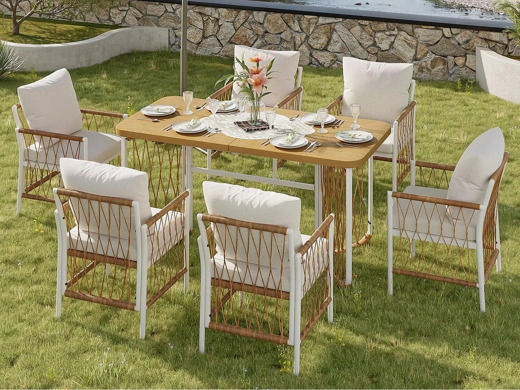 Zestaw jadalniany ogrodowy na 6 osób, stół jadalniany z żelaza, konstrukcja z żelaza ocynkowanego, 6 krzesła rattanowe, Beżowy