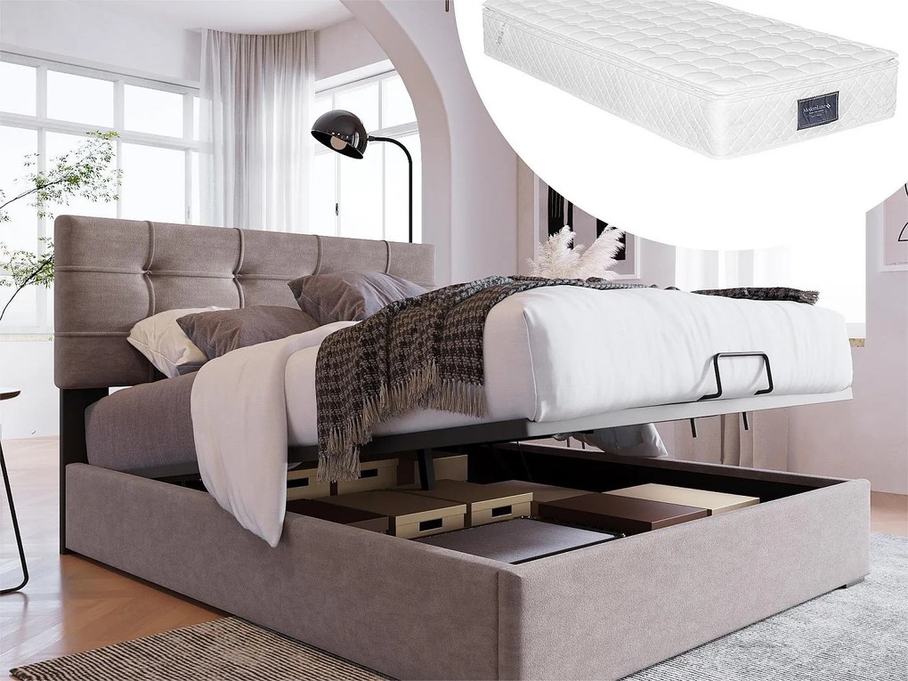 Łóżko ze schowkiem 90 x 200 cm - welur - szare + materac