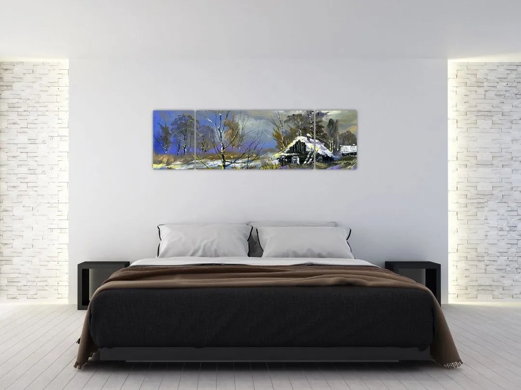 Obraz chaty w zimowym krajobrazie, obraz olejny (170x50 cm)