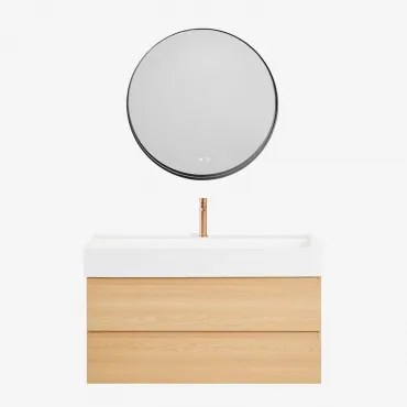 Zestaw Wiszących Mebli Łazienkowych Z Drewna I Forniru Jesionowego Zintegrowany Z Umywalką Ona Naturalna & Okrągła - Sklum